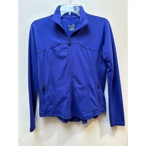 Kyodan women’s blue zip up athletic jacket ruffled back, size medium. #15-0358